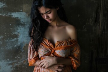 A girl, a woman in an off-the-shoulder dress holding her stomach. A pregnant woman. Studio photo on a dark, black background. A person experiences abdominal pain. Free space