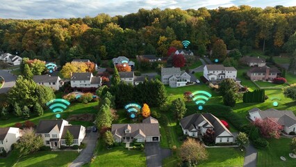 High speed wifi internet connection with Wi-Fi symbols over residential homes in american suburban neighborhood. Graphic. Aerial shot - obrazy, fototapety, plakaty
