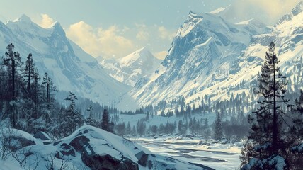 a wonderful image made by artificial intelligence of a winter landscape with snowy mountains - obrazy, fototapety, plakaty