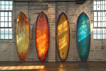 A stunning display of colorful surfboards adorns the wall, creating a dynamic and vibrant atmosphere that invites you to ride the waves from the comfort of an indoor space with glass walls, smooth fl