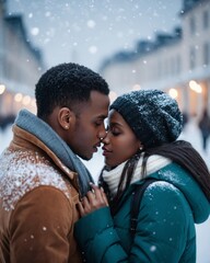 A man and a woman in winter clothes kissing, on a snowy city street.