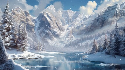 a wonderful image made by artificial intelligence of a winter landscape with snowy mountains