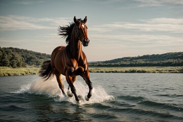 The bay horse gallops running on the lake,