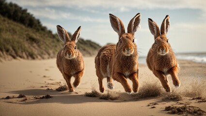 Three hares, rabbits running through a on the beach