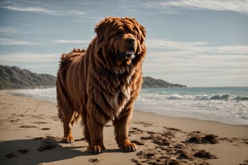 Brown Tibetan Mastiff  standing on the beach