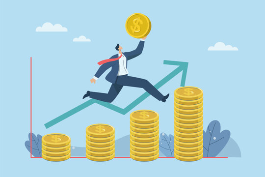 Success from business investments, Business profit growth, Stock market returns, Financial success concept, Businessman jumping and holding up a coin with the financial graph growing highly.
