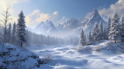 a wonderful image made by artificial intelligence of a winter landscape with snowy mountains