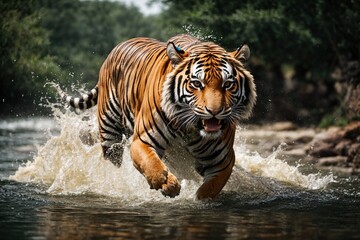 Fototapeta na wymiar Tiger running in water with splash water