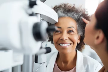 Tuinposter Generative AI image of smiling woman patient vision checkup ophthalmology eyesight recovery © Tetiana