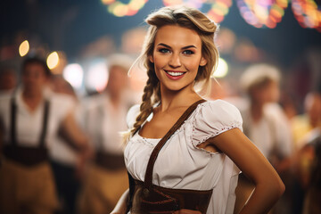 AI generated picture of a woman wearing traditional bavarian costume celebrating beer octoberfest - obrazy, fototapety, plakaty