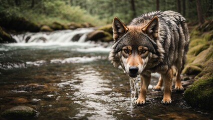 wolf dog taking a drink of water at a stream
