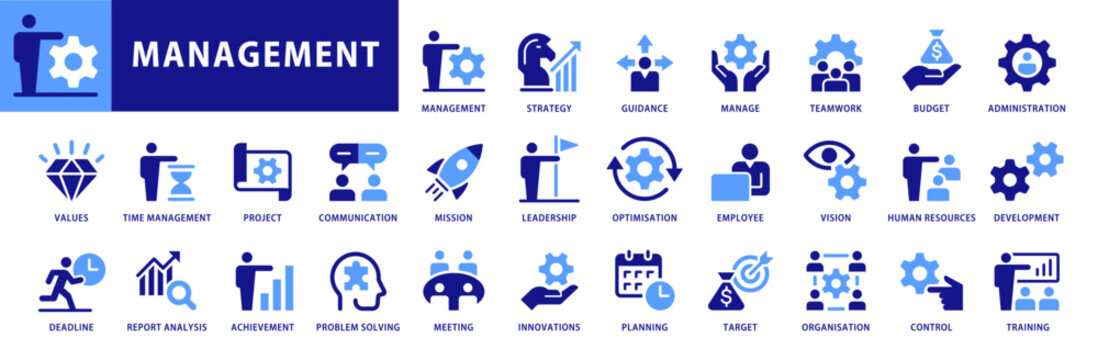 Management Icon Set. Dual Color Flat Style Icon Collection. Vector Illustration