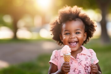 African American kid portrait enjoying color ice cream cone, copy space