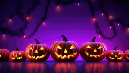 Halloween neon lights background with pumpkins