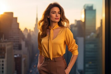 Fashion-forward woman in a golden-yellow blouse and brown slacks posing against an urban cityscape at sunset - obrazy, fototapety, plakaty