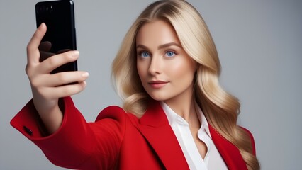 Naklejka premium A girl in a red jacket and with a black smartphone taking selfies against a gray background