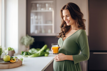 Obraz na płótnie Canvas Portrait of fit pregnant woman drinking healthy smoothie. Smiling woman shows balance between fitness and well-being during pregnancy