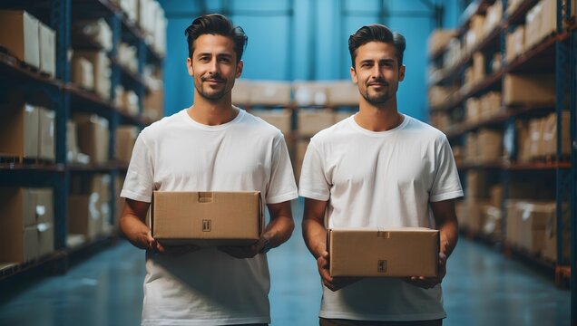 Two men in white T-shirts with boxes in their hands are warehouse workers. 