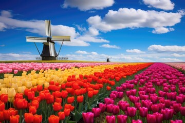 colorful background field of multi-colored tulip