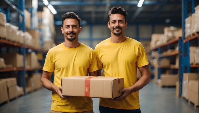 Two men in yellow T-shirts, warehouse workers, holding a cardboard box.