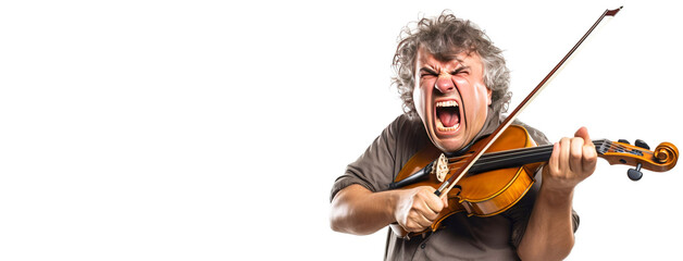 Close-up of an artist musician plays the guitar, sings loudly, screams emotionally excitedly, white background isolate.