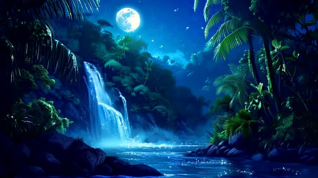 Beautiful view of tropical forest at night with the moon. Seamless looping 4k time-lapse virtual video animation background
