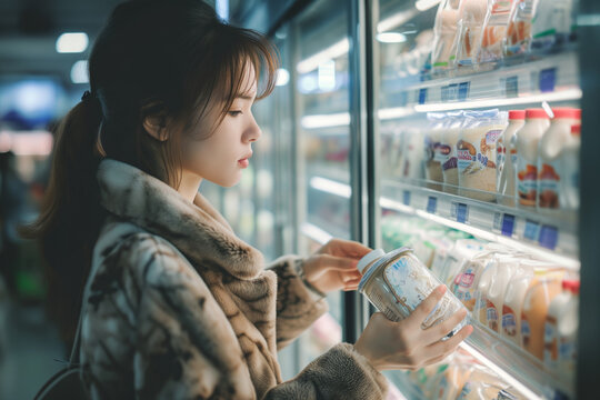 Woman thoughtfully selects dairy products from fridge in supermarket. Young woman considers each item thoughtfully with choices that meet preferences