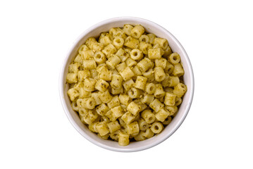 Delicious ditali pasta from durum wheat with salt and spices