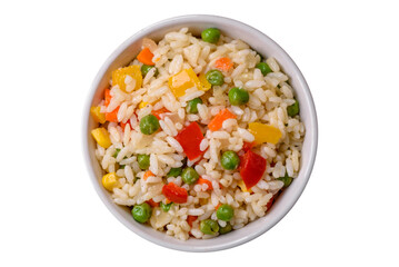 Delicious white boiled rice with vegetables, sweet peppers, carrots, peas