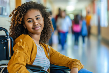 Female student in wheelchair in the school hallway