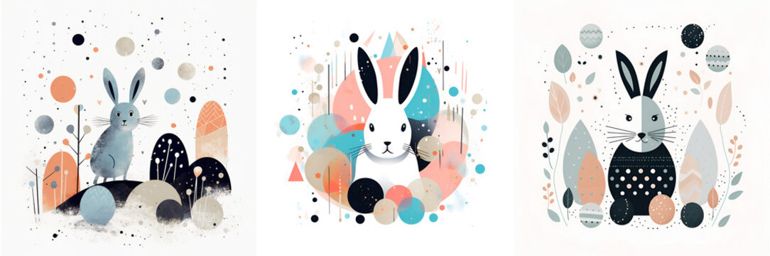  set. happy easter bunny. a picture of a hare in a clearing . stylized minimalistic drawing. three pictures of the Easter bunny. banner on a white background