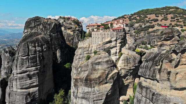 Meteora Greece house in top of the mountain drone footage