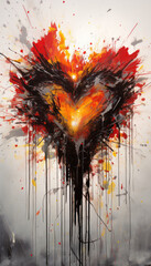 Heart shape painting from 3 color tone brush strokes in black, white and yellow