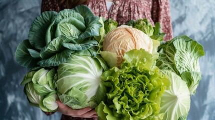 Woman holding a selection of leafy greens, including cabbage and lettuce, against a blurred background.