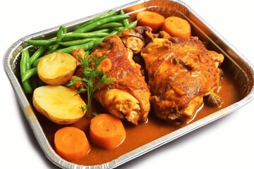 grilled chicken leg with vegetables cooked in tomato soup, INGREDIENTS: tomato soup, carrot pieces, slices potato pieces, green peas, served on aluminum box