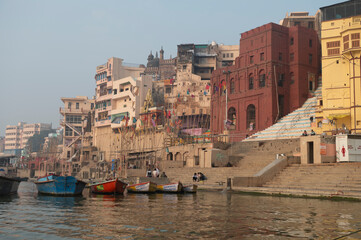 Varanasi India 8 December 2023, Early in the  morning view of Panchganga Ghat and Brahma Ghat from...