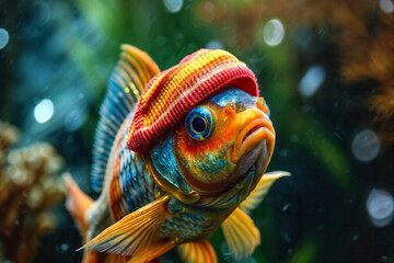 Fish Wearing a Knitted Hat Underwater. Created with Generative AI