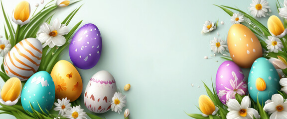Easter banner with beautiful painted eggs set on grass. Concept Easter egg hunt or egg decorating art.