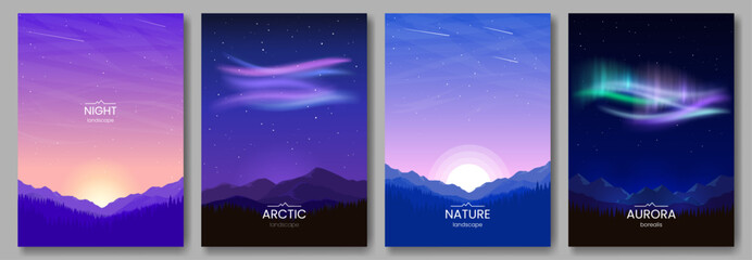 A collection of 4 landscapes. Sunset in the mountains, aurora borealis, night scene, colorful sky. Vector illustration. Design for wallpaper, background, cover, brochure, book.