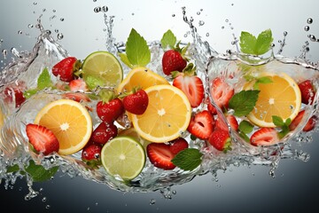 Strawberry berries and lemon slices falling into water close-up, water splash and fruit bubbles.