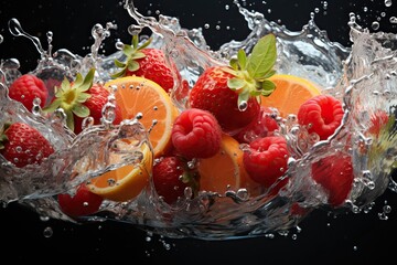 Red raspberries and citrus fruits in splashes of water on a black background.
