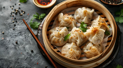 Close-up, top view of traditional Asian/Chinese dumplings in blue plate with soy sauce, chopsticks and a bamboo steamer on gray rustic stone background. Authentic Chinese cuisine, generative ai