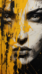 Human portrait painting from 3 color tone brush strokes in black, white and yellow