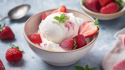 Strawberries ice cream in a bowl with strawberries fruits around it. food photography