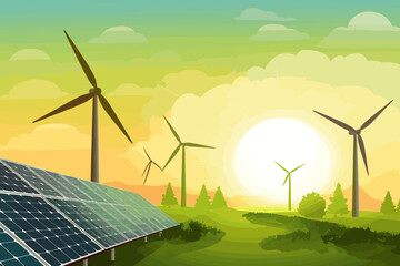 Green Energy Revolution: Wind Turbines and Solar Panels Against a Bright Sky, Symbolizing Renewable Energy Sources, Sustainability, and Eco-Friendly Power Generation.