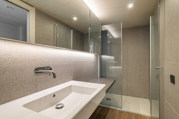 Fototapeta na wymiar Shower cabin and wash basin in renovated bathroom with mirror