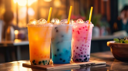 boba drinks with vibrant colors on a wooden table