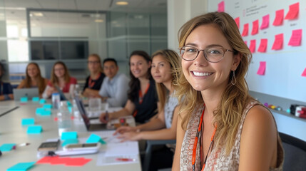 Fototapeta premium Female coach, passionately guiding a team through a spirited dialogue. The whiteboard illustrate the collaborative brainstorming. Exchange of ideas, innovation and strategize a marketing plan.
