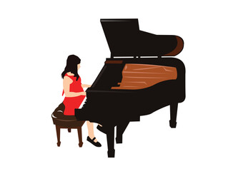 A Girl Pianist plays on a grand acoustic piano. Editable Clip Art.