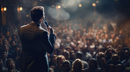 Motivational Speaker Standing in front of to many people - obrazy, fototapety, plakaty